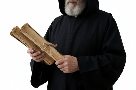 Elderly monk with white beard wears black robe, holds ancient parchment scrolls. Old man kepic religious manuscripts in studio. Spiritual person protects historical documents, sacred text. Person