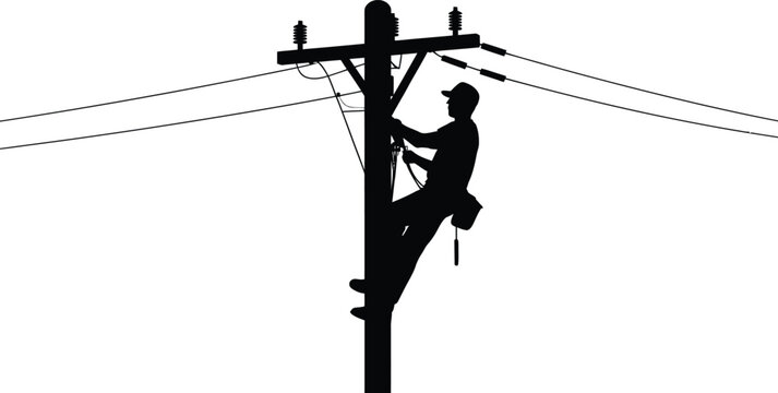 Silhouette of an electrical lineman climbing a utility pole to perform maintenance on power lines, wearing a hard hat, isolated on a clean white background