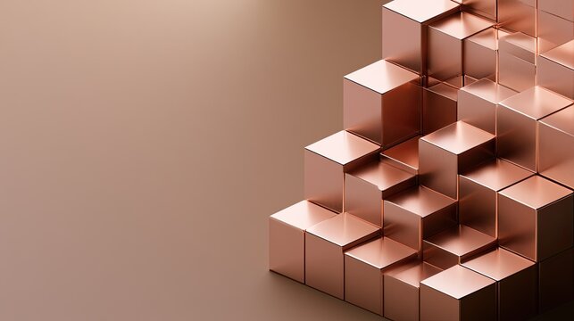 A collection of metallic copper cubes arranged in a staircase pattern formation