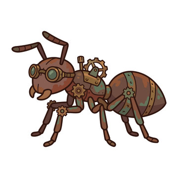 Steampunk Robotic Ant Illustration with Mechanical Gears and Goggles in Industrial Vintage Style
