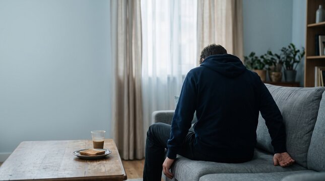 Rear view of a lonely man sitting on a sofa in a dimly lit room reflecting on sadness and isolation