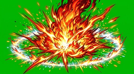 Fototapeta premium Explosive fire and energy blast with a circular shockwave in anime art style, isolated on a green screen background for video editing.