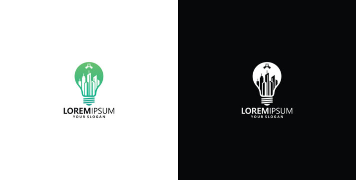 Creative Cityscape Lightbulb Logo Design Featuring Buildings and Trees