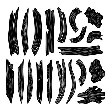 Agarwood Oud Wood Pieces vector illustration featuring a collection of natural aromatic wood chips with irregular shapes, grain details and resin-rich textures. Perfect for incense, perfume, oud, arom