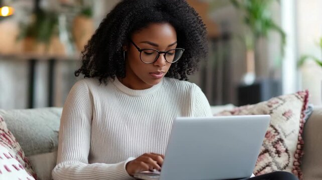Young woman with afro hair and glasses using a laptop on a couch