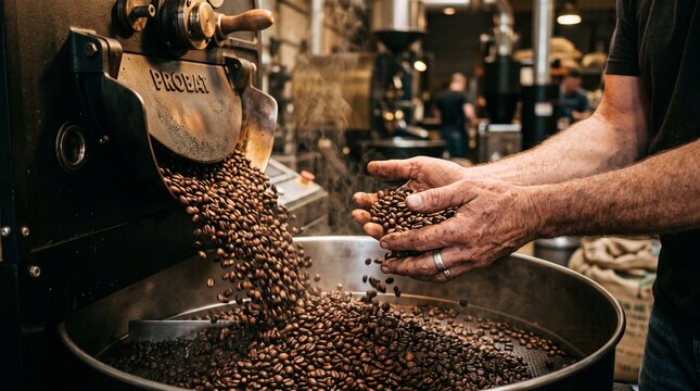 Artisan coffee roaster checking fresh roasted coffee beans falling into metal container with coffee production coffee manufacturing coffee shop coffee factory roasting machine