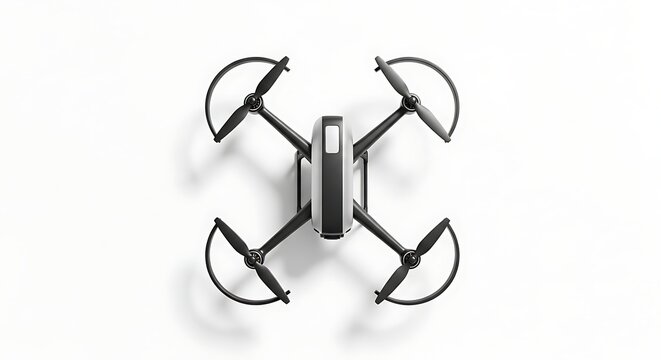 Modern quadcopter drone with propeller guards isolated on white background for aerial photography