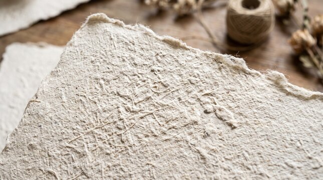 Close-up of textured handmade paper with deckle edges and natural fibers on rustic wooden background