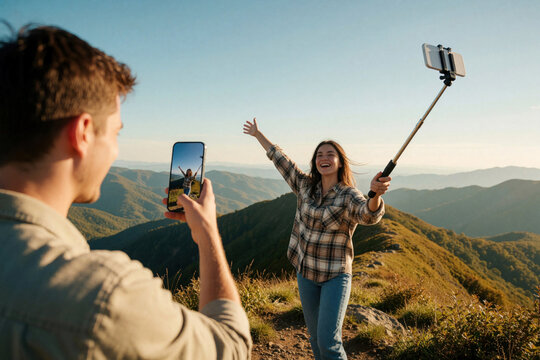 Couple takes photos with smartphone on mountain top. Woman with selfie stick laughs happily. Man frames shot of her joyful pose with phone. Hiking adventure, scenic landscape.