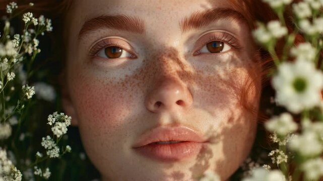 Serene Girl with Red Hair and Freckles Sleep Amidst White Flowers