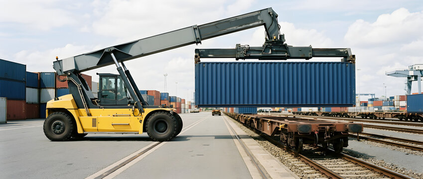 Elektrischer Reach-Stacker setzt Container auf einen G&uuml;terwagen