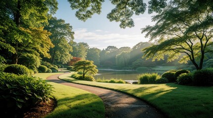 Obraz premium Sunlit garden path curves around calm pond with rich green trees, manicured bushes. Morning light filters through leaves, creating dappled shadows on grass. Peaceful nature scene perfect for tranquil
