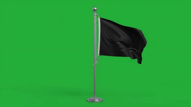 Black flag waving on a flagpole against a green screen background, symbolizing protest, mourning, or anarchism.