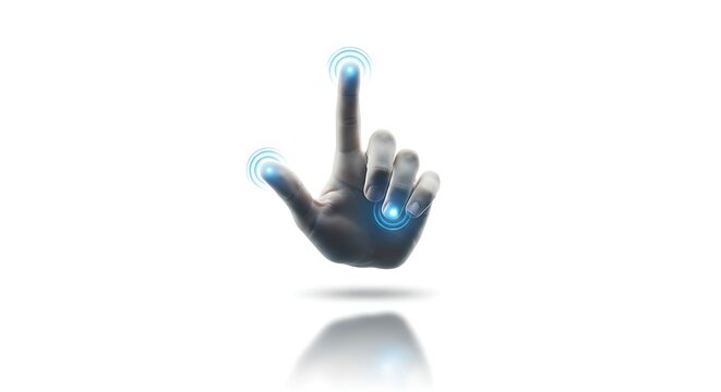 Human hand touching digital screen interface with glowing blue touch points on white background