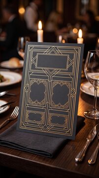 Elegant Art Deco Menu Mockup on a Fine Dining Table with Candles and Silverware