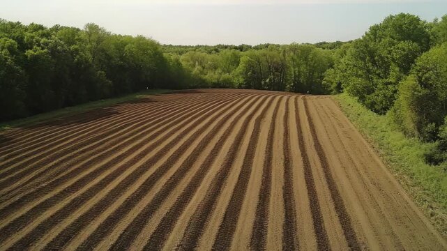 Aerial View of Freshly Tilled Farmland with Furrowed Soil