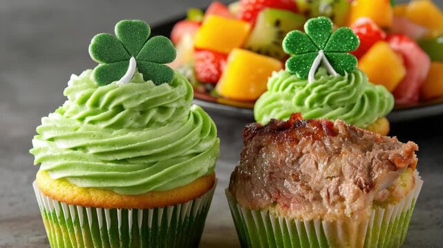 St. Patrick's Day Cupcakes with Green Frosting and Shamrock Toppers, One Topped with Roast Beef