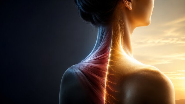 Photorealistic 3D Side-Back Profile of Neck and Trapezius Muscle Under Contrasting Cool and Warm Lighting