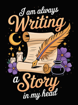 I am always writing a story in my head quill scroll candles graphic