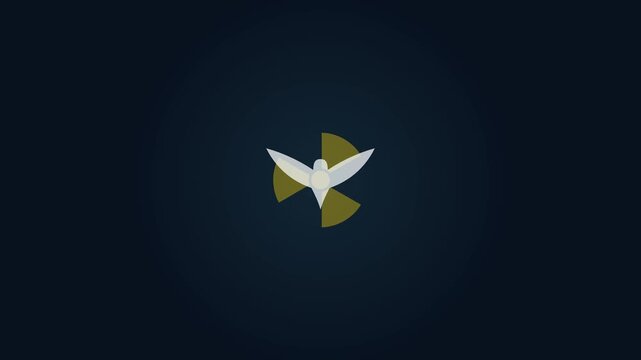 Minimalist logo featuring a white dove flying in front of a golden abstract symbol on a dark navy blue background