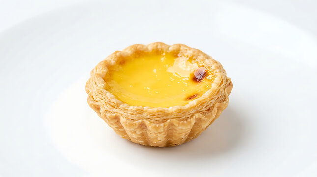 Golden egg tart with flaky pastry on white plate baked