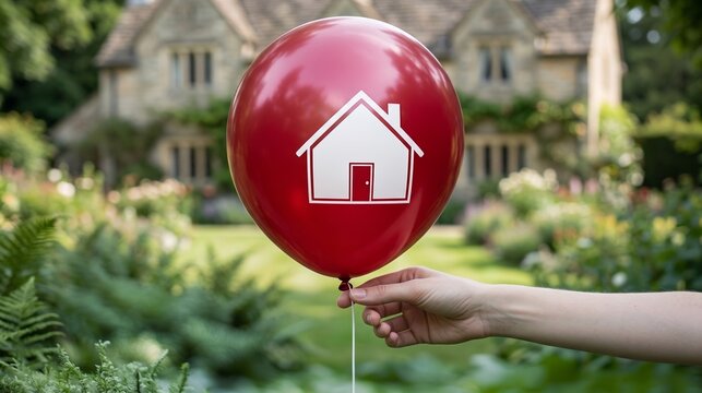 Woman Hand Holding Red Balloon with White House Icon in Green Garden Nature
