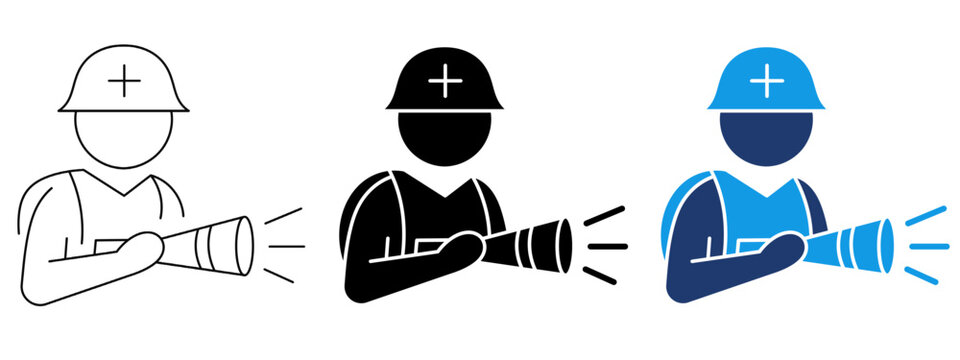 Rescue worker icon with safety helmet holding flashlight. Symbol of emergency service, search operation, firefighter, miner, security guard, first responder, night inspection and safety work.