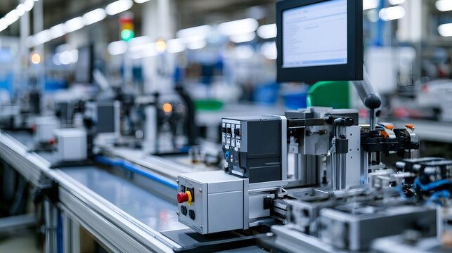Modern automated factory line with robotic hinery and digital control panel for precision manufacturing ope ns