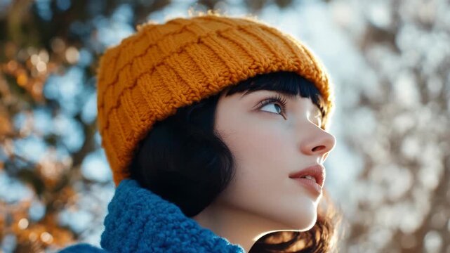 Close-up portrait of a serene woman with eyes closed in a knit beanie and scarf