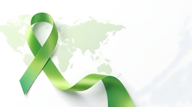 Green awareness ribbon on world map background for mental health campaign