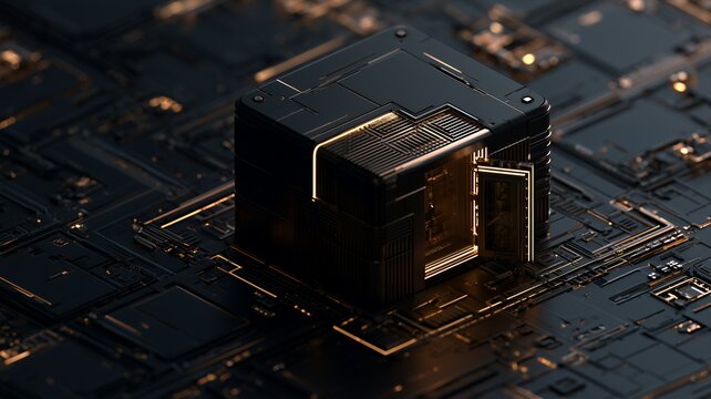 Secure Data Center Server with Security Module for Cybersecurity, Data Protection, Enterprise IT Infrastructure, Cloud Computing, Privacy, Technology Presentations, Digital Backgrounds and Web Visuals