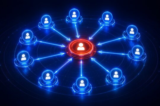 Glowing digital network of blue user icons pointing to a central red figure. Concept of centralized leadership and team management.