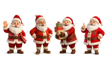 Fototapeta premium Four festive santa claus character figurines standing together on a white background