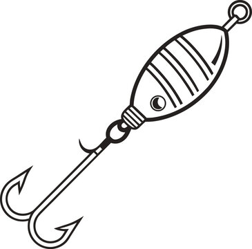 Black and white line of a fishing lure with a double hook, isolated on a clean white background bait