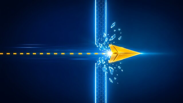 Golden paper airplane breaking through a glowing digital barrier. Concept of disruptive innovation and overcoming business obstacles.
