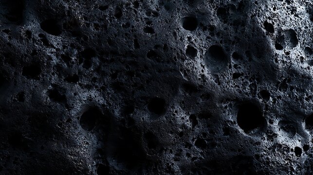Dark cratered lunar surface texture close up.