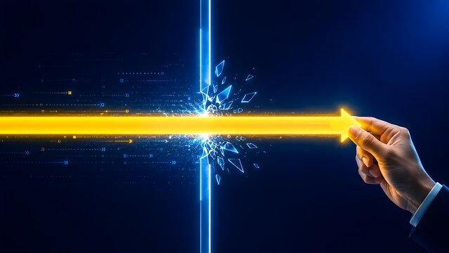 Businessman hand pushing a glowing yellow arrow breaking a digital blue barrier. Concept of overcoming obstacles and business breakthrough.