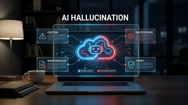 AI hallucination concept graphic on a laptop screen in a dark home office