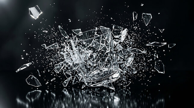 Exploding glass tumbler shattering with dynamic shards on a dark background