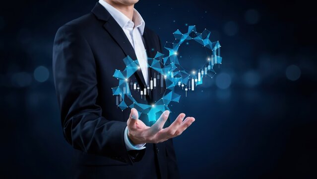 Businessman holding a glowing digital gear mechanism with integrated financial stock market candlestick charts in a futuristic corporate environment