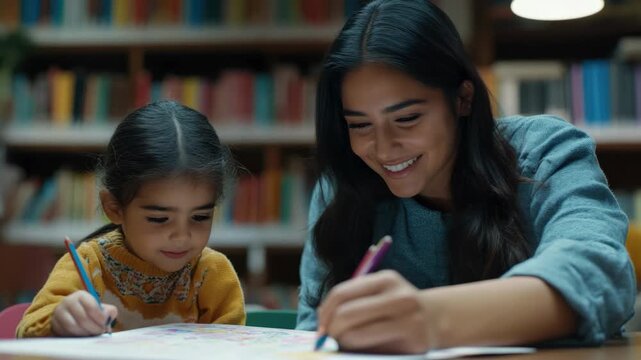 Smiling woman and young girl coloring a book together in a library