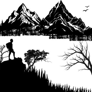 A black-and-white silhouette vector of a hiker with a backpack standing on the edge of a cliff, gazing at a dramatic landscape of mountains, a lake, and trees, with birds in the sky.