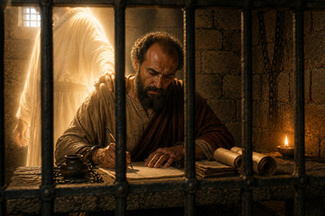 Fototapeta premium Paul Writings The Apostle Paul writing his Epistles while confined in a Roman Prison Cell