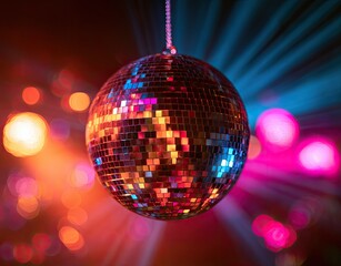 Obraz premium A shimmering spherical mirror ball hanging against a blurry, colorful background