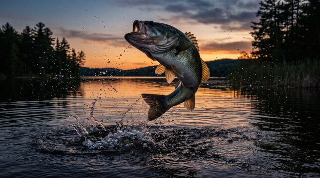 Large bass fish jumping out of lake water at sunset for fishing wallpaper.