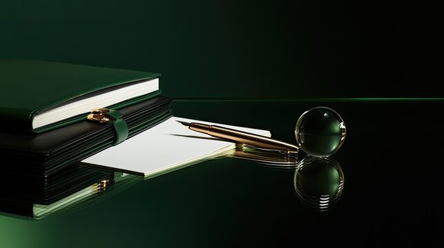 Green leather journals and a fountain pen sit on a dark reflective desk surface