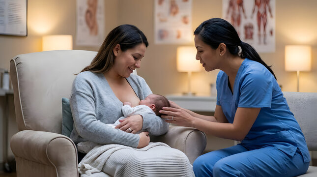 Nurse assisting mother breastfeeding newborn at home.