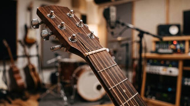 Acoustic guitar close up in studio