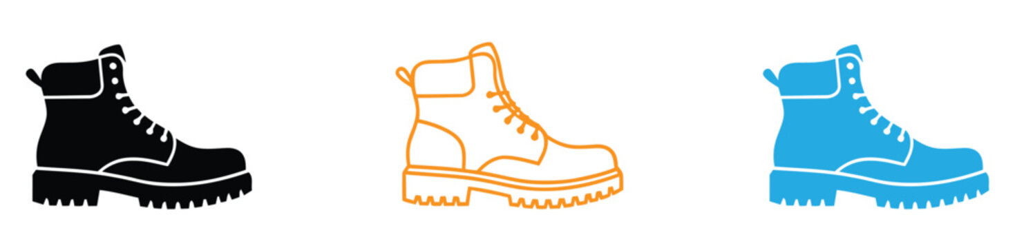 Work Boot Leather Shoes Hiking Footwear Icon Set Isolated on White Background Vector Illustration Symbol Graphic Sign Clip Art Design