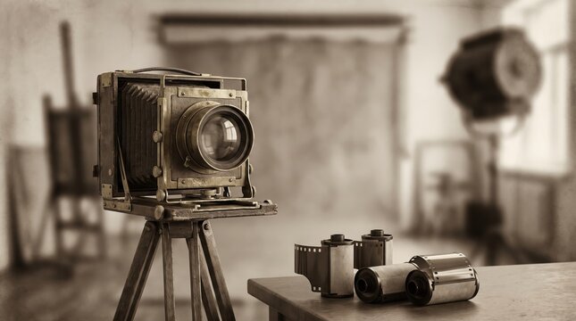 Antique camera in sepia photo studio